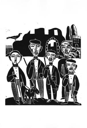 Antonio Santos. Linograbado de la serie La lluvia amarilla