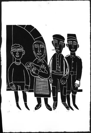 Antonio Santos. Linograbado de la serie La lluvia amarilla