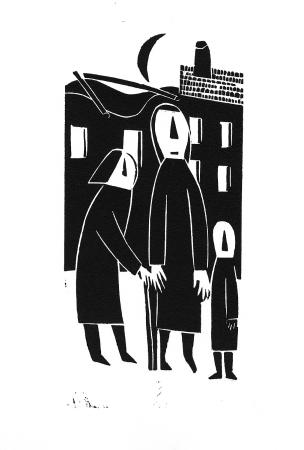 Antonio Santos. Linograbado de la serie La lluvia amarilla