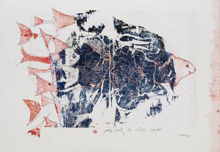 Pez azul de colas rojas. Serie Mediterráneo, 2017. Mixta sobre papel. Colección Carrera Blecua. Foto Javier Broto Hernando